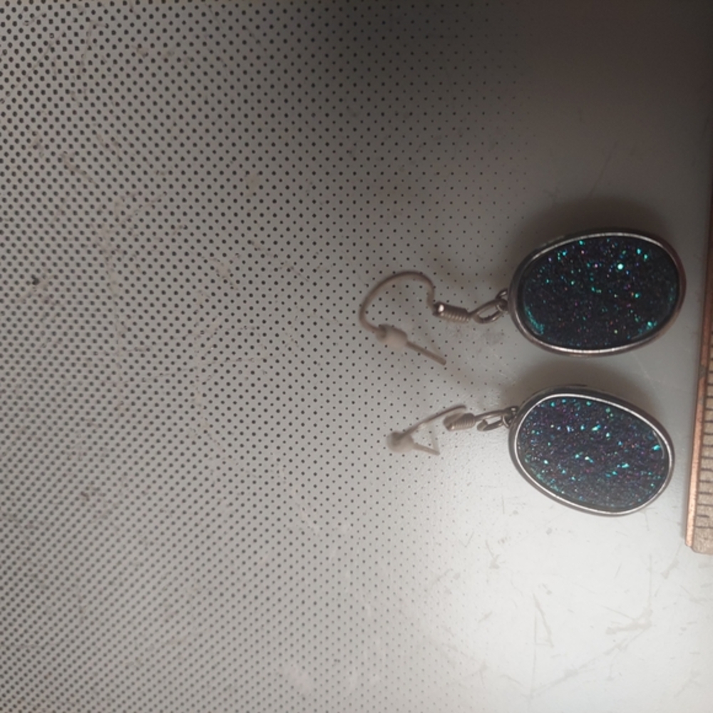 Druzy Blue Turquoise Oval Gem Silver  Earrings